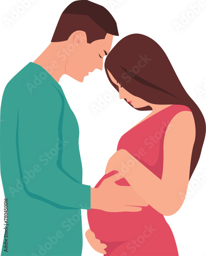 Man touching the belly of a pregnant woman. Parents. Family. Vector illustration with transparent background