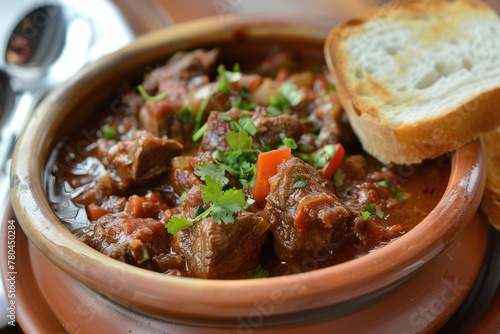 Delicious and Savory Beef Goulash Served in a Bowl with Bread. Perfect for Dinner