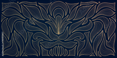 Vector art nouevau, artdeco fancy background, leaves floral ornament, gold on black vintage pattern. Flower drawing, luxury victoran drawing