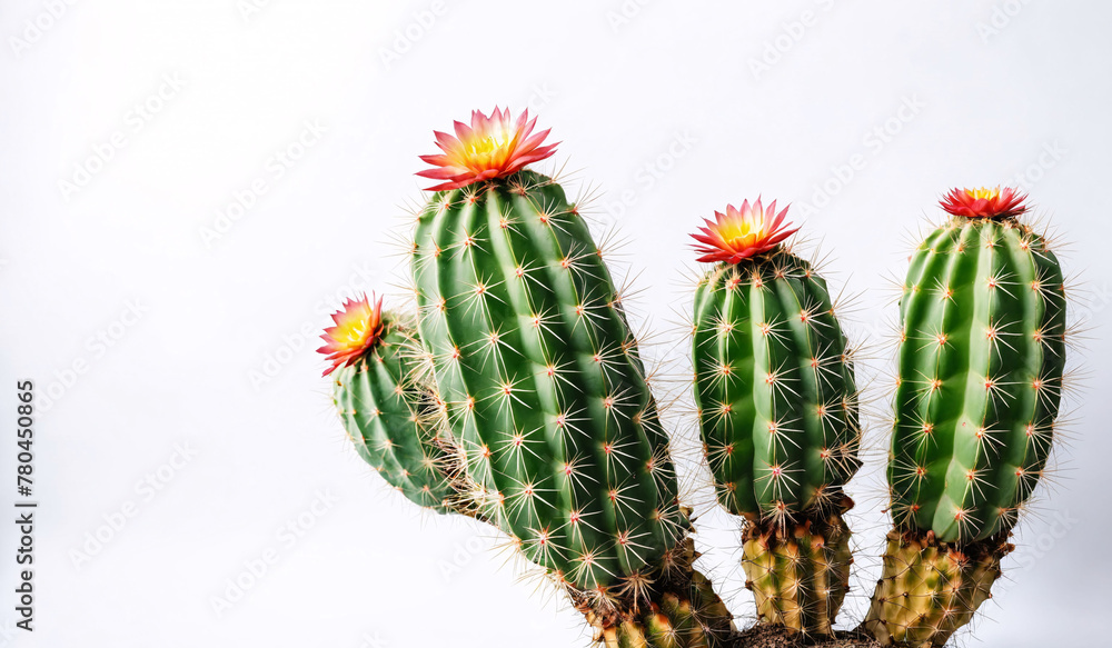 three green cactus plants with flowers sit in front of a white background three green cactus plants with flowers sit in front of a white background