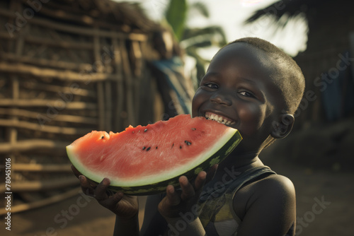 AI Generated Image. Happy African kid in a village eating fresh watermelon
