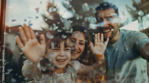 AI Generated Image. Happy family at home behind the window with nature reflection