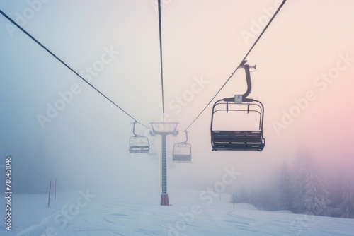 Foggy Winter Adventure: Ski Chairlift on Snowy Mountain for Sport and Vacation