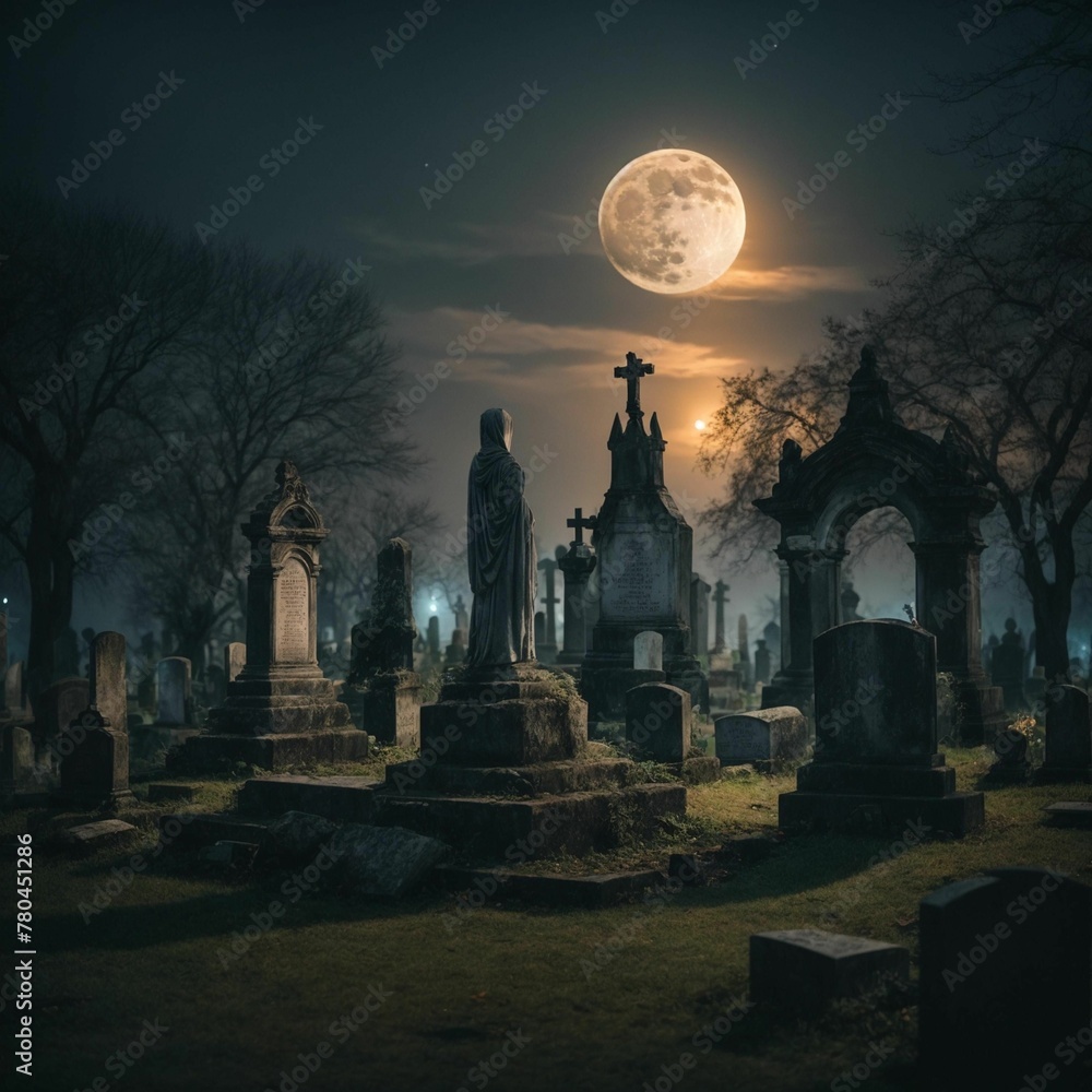 AI generated illustration of an eerie graveyard illuminated by the light of a full moon