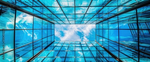 close up of blue glass roof with black metal frames, glass texture background, geometric lines and patterns, no people or objects just clear glass structure photo