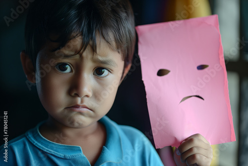 AI Generated Image. Sad boy holding pink paper cut with sad expression on it