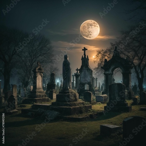 AI generated illustration of an eerie graveyard illuminated by the light of a full moon