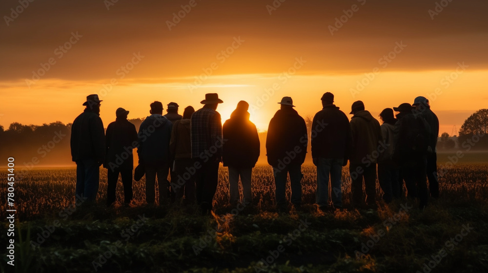 AI generated illustration of a group of people in a field watching a sunset AI generated illustration of a group of people in a field watching a sunset