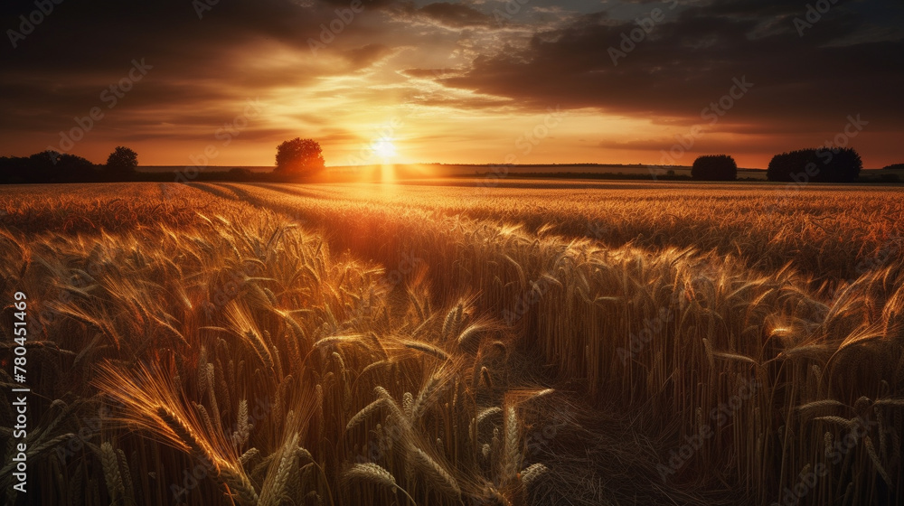AI generated illustration of the sun shining in the sky above a wheat field