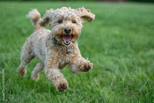 Joyful dog mid-leap above the grass, exuding energy and happiness