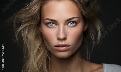 AI generated illustration of an attractive young woman with blonde hair and blue eyes