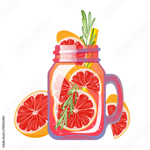 Cocktail with grapefruit. A refreshing drink in a can with juicy grapefruit. Summer juice with grapefruit. Smoothie with fresh fruit. Grapefruit lemonade.Vector illustration.