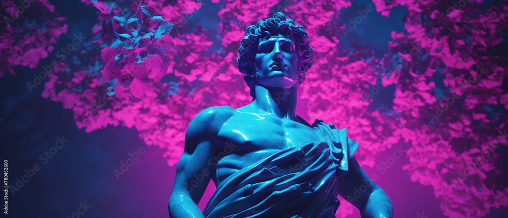 Vaporwave style greek statue with neon colors.