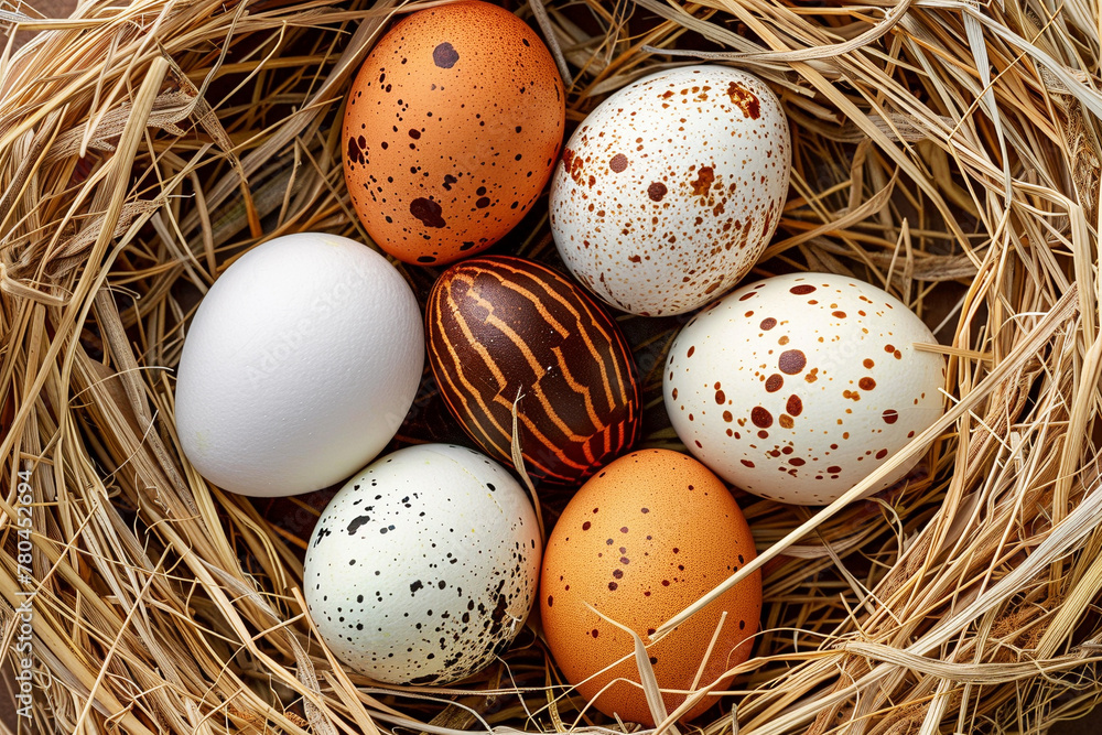 Variety of Colorful Eggs Nestled in Straw Nest