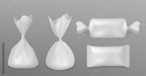 3d sweet chocolate candy plastic wrapper mockup. Blank white realistic isolated bar and caramel wrap icon. Twist foil sachet or jelly snack product bag mock up graphic for merchandise illustration. photo