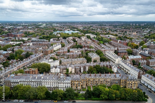 Aerial view of Liverpool city in the United Kingdom under a cloudy sky