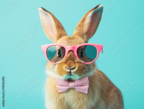 Funny easter concept holiday animal celebration greeting card: Cool easter bunny, rabbit with pink sunglasses and bow tie, isolated on blue background