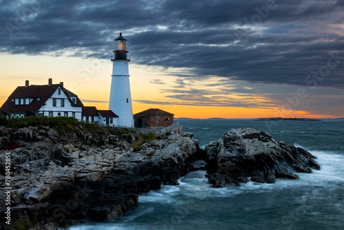 Scenic view of the Portland Head Lighthouse with a beautiful sunset visible in the background © Wirestock