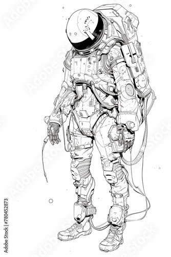 an ink drawing of a man in a space suit with a bag