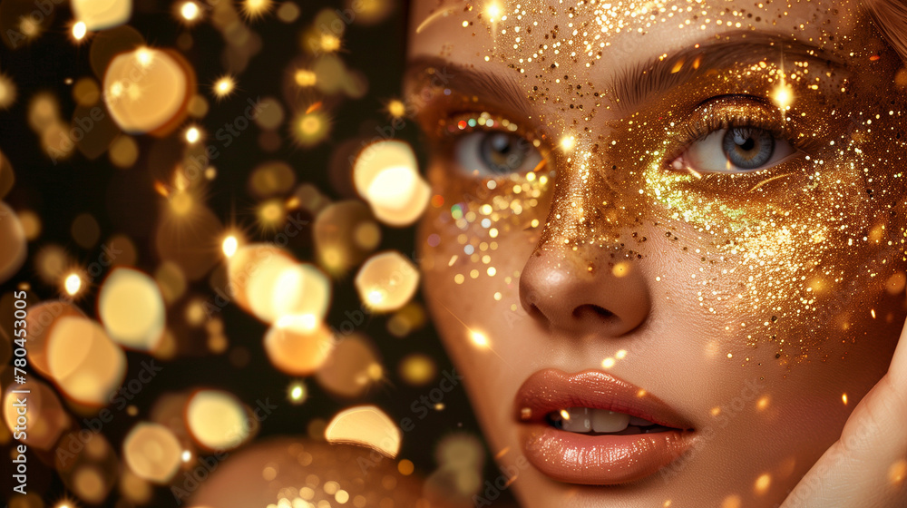 Close-up of a woman's face adorned with golden glitter, bokeh lights in background Close-up of a woman's face adorned with golden glitter, bokeh lights in background