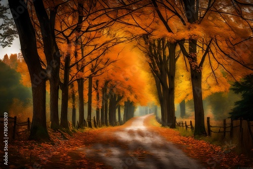 A country lane bordered by trees  their branches alive with the colors of fall.