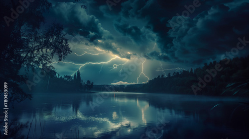 Calm lake at nighttime with majestic thunder lightning strikes piercing through the clouds in an ominous yet beautiful natural scene © Renata
