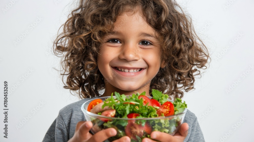 Joyful child presenting a bowl of colorful fresh salad greens in a garden. Joyful child presenting a bowl of colorful fresh salad greens in a garden.