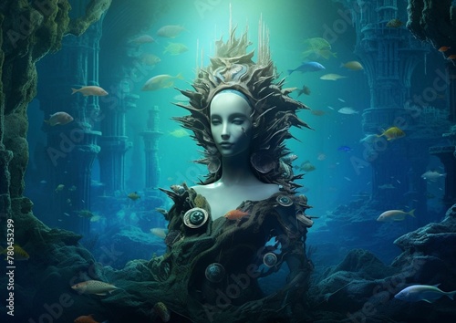 AI generated illustration of an ancient statue of a female under the water surrounded by fish