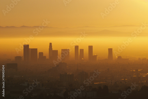 City Skyline Obscured by Air Pollution at Sunset