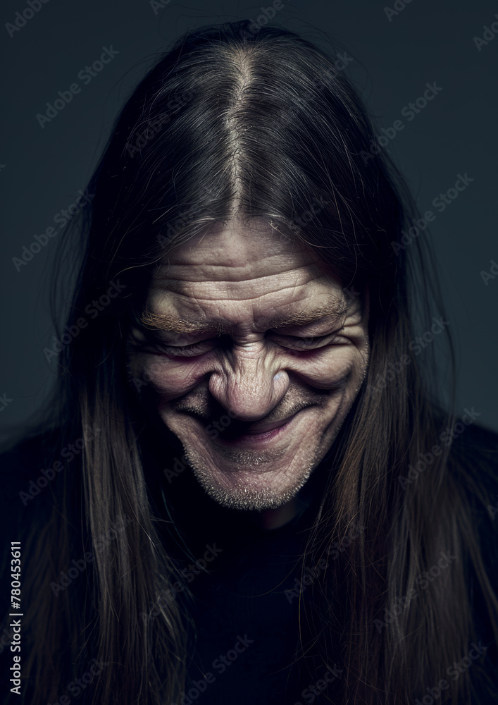 Portrait of a man with long hair, laughing while looking down. Portrait of a man with long hair, laughing while looking down.