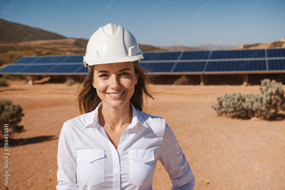AI generated illustration of a young woman in a protective helmet, against solar panels in a field AI generated illustration of a young woman in a protective helmet, against solar panels in a field