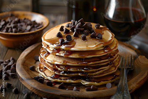 a stack of pancakes sitting on top of a wooden table next to a bowl of chocolate chips and a glass of wine.