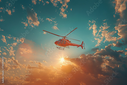 Helicopter soaring through clouds in vibrant sunset sky