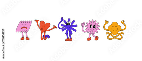 Vector illustration set of cartoon geometric shapes characters ìn retro style. Groovy stickers with different emotions for social media.