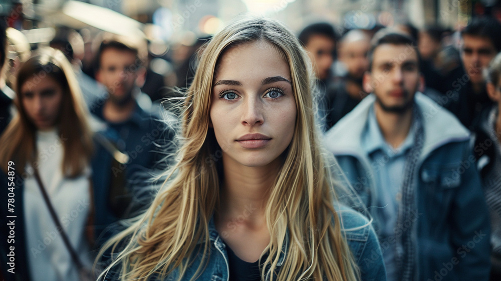 Young Woman Standing Out From the Crowd in the City