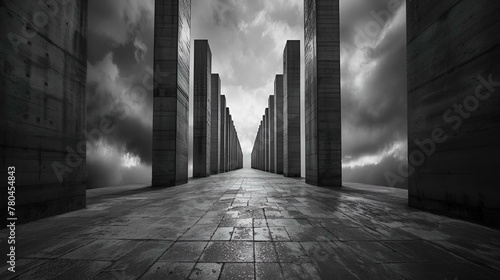 AI-generated illustration of monochrome monoliths under stormy skies