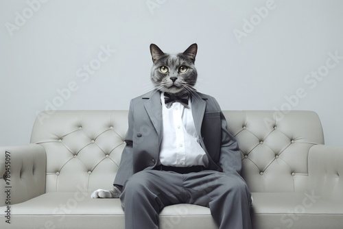 Portrait of confident business cat wearing suit sitting on sofa at office indoors