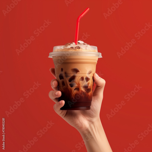 Hand Holding Iced Coffee Cup on Red Background