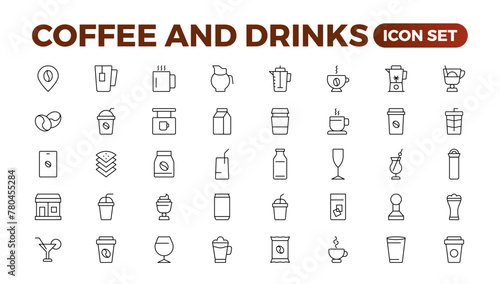 Set of coffee shop Icons. Simple line art style icons pack. Vector illustration.Coffee icons. Beans, hot cocktail and maker machine. Espresso cup, cappuccino with whipped cream Latte vending machine. photo