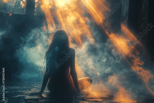 a lady is sitting in water with her hands in her back photo