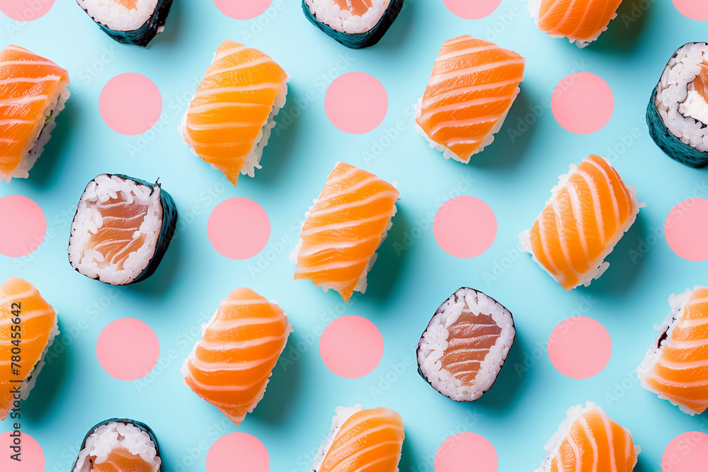 Assorted Nigiri and Maki Sushi on a Polka Dot Background Assorted Nigiri and Maki Sushi on a Polka Dot Background
