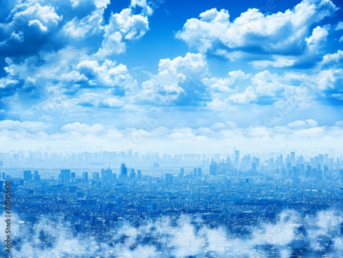 City skyline with skyscrapers rising above a dreamy blanket of clouds against a clear blue sky © alphaspirit