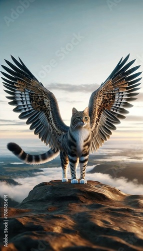 Serene Majesty: A Cat with Hawk Wings Overlooking Vast Lands - AI Generated Digital Art