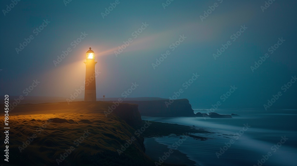 An ethereal dusk sets upon Tranquil Bay, where a solitary lighthouse stands vigil.