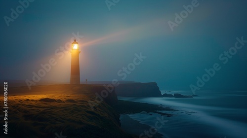 An ethereal dusk sets upon Tranquil Bay, where a solitary lighthouse stands vigil.