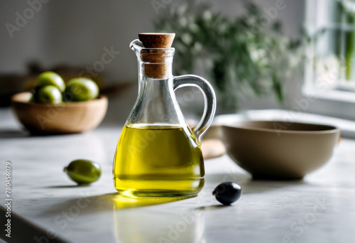 olive oil and other ingredients on the table near a bowl