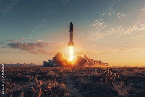 AI generated illustration of a rocket launching at sunset, surrounded by clouds and bushes