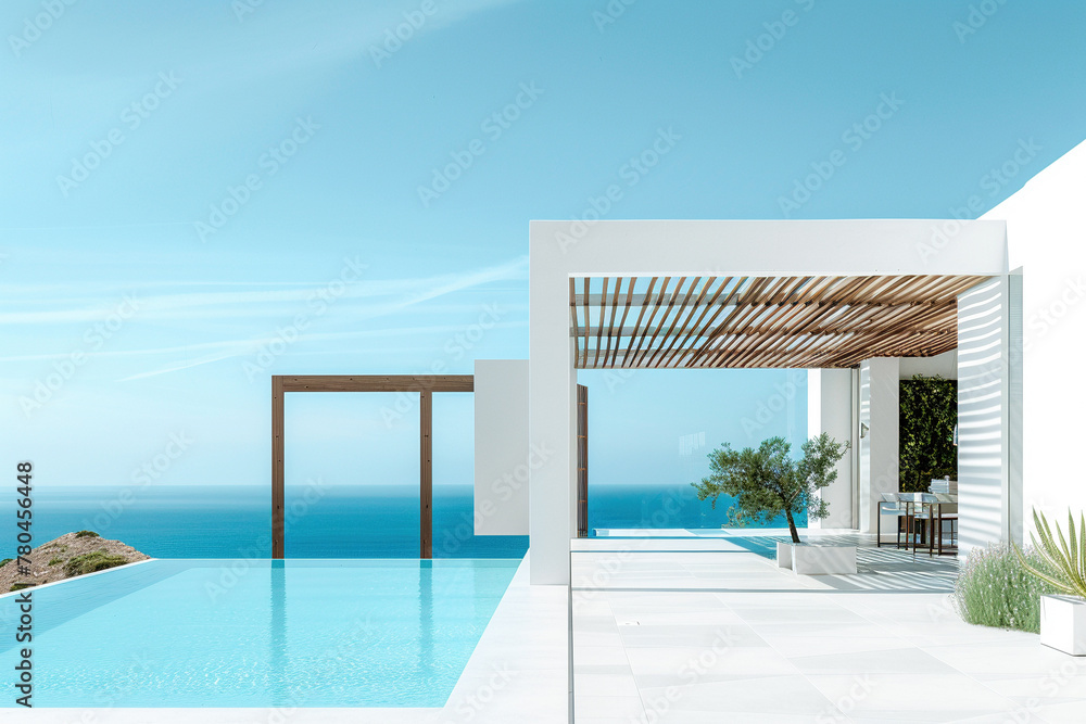 Luxurious White Villa With Pool and Wooden Canopy Overlooking the Sea