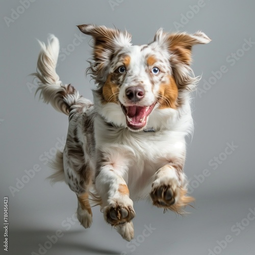 AI generated illustration of a cute dog jumping on a gray background
