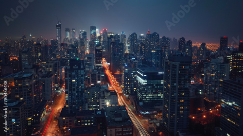 AI generated illustration of an Aerial night view of skyscrapers in a bustling city